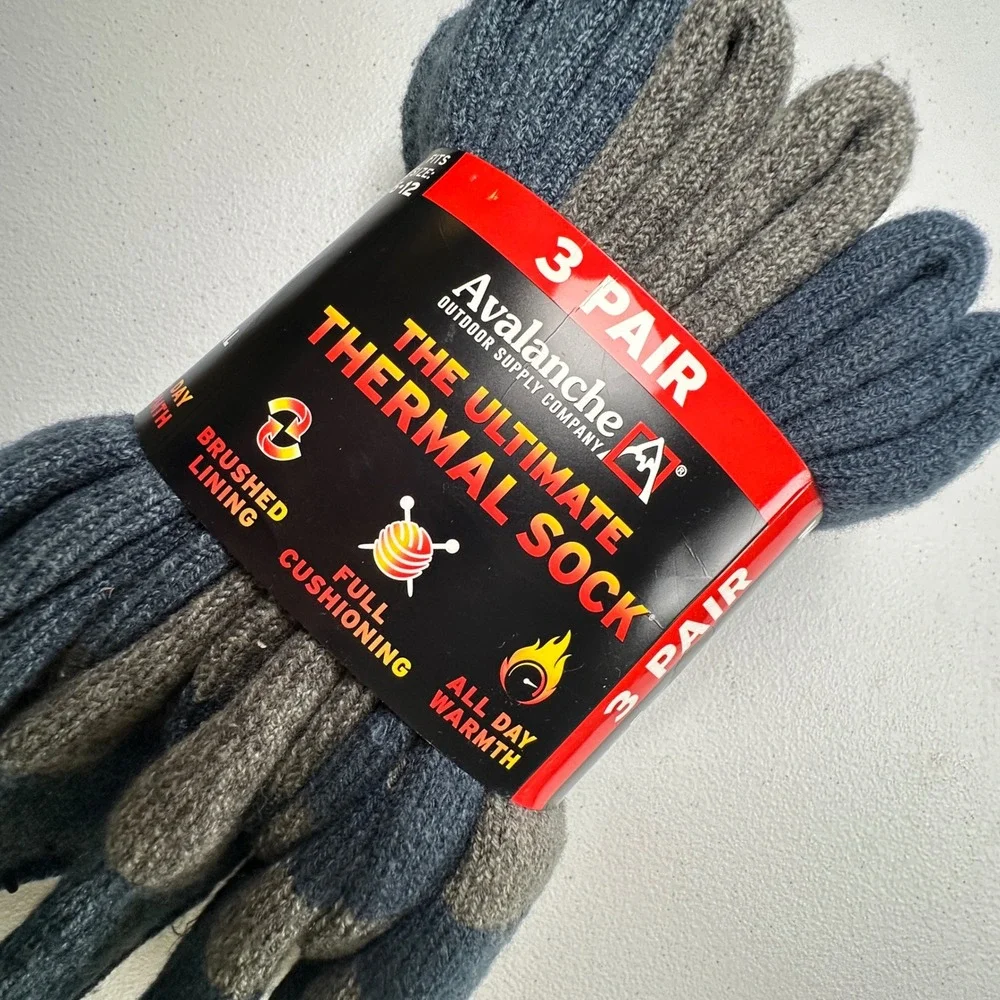 Avalanche Thermal Crew Socks 3 Pair Blue Grey Acrylic Blend Heavy Knit Mens 6-12